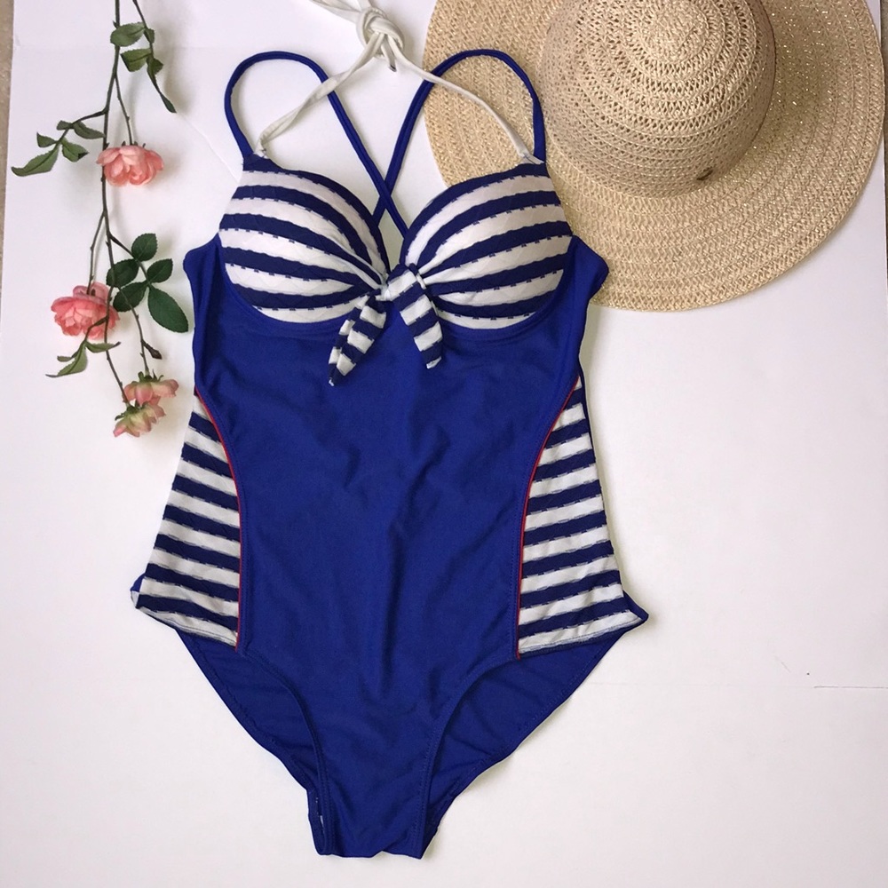 One piece blue white strip swimsuit Bathingsuit